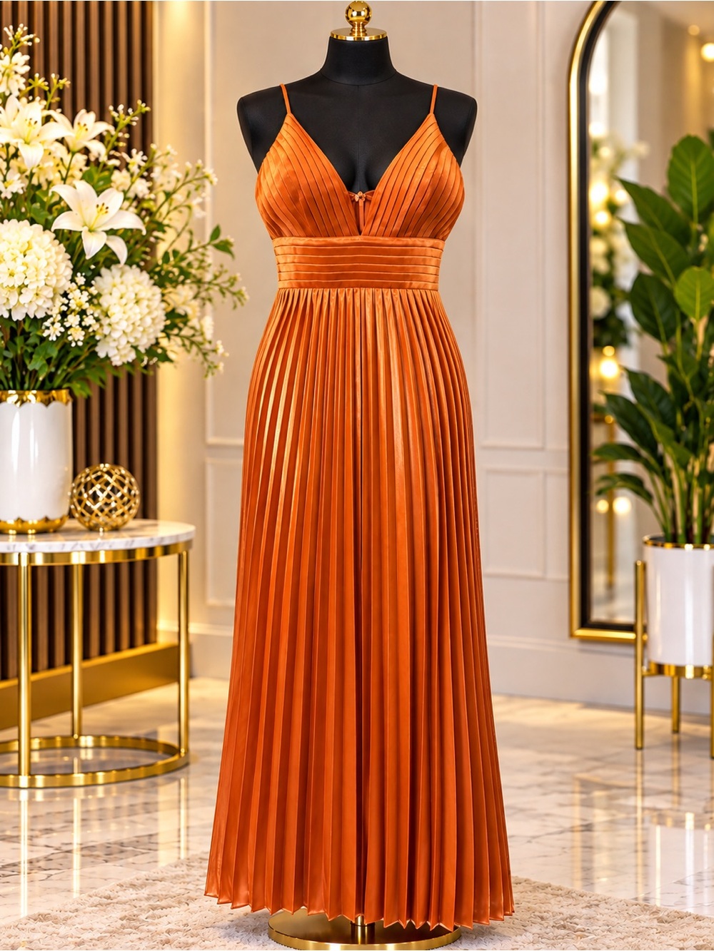 Elegant Orange Pleated Maxi Dress with Spaghetti Straps
